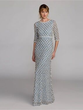 Mac Duggal 10099 Blue Pearl Embellished 3/4 Sleeve Gown Size 12 NWT Vintage Blue